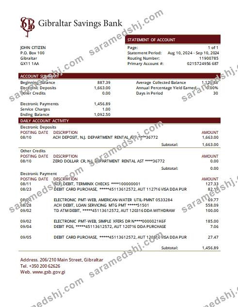 Gibraltar Savings Bank statement scr